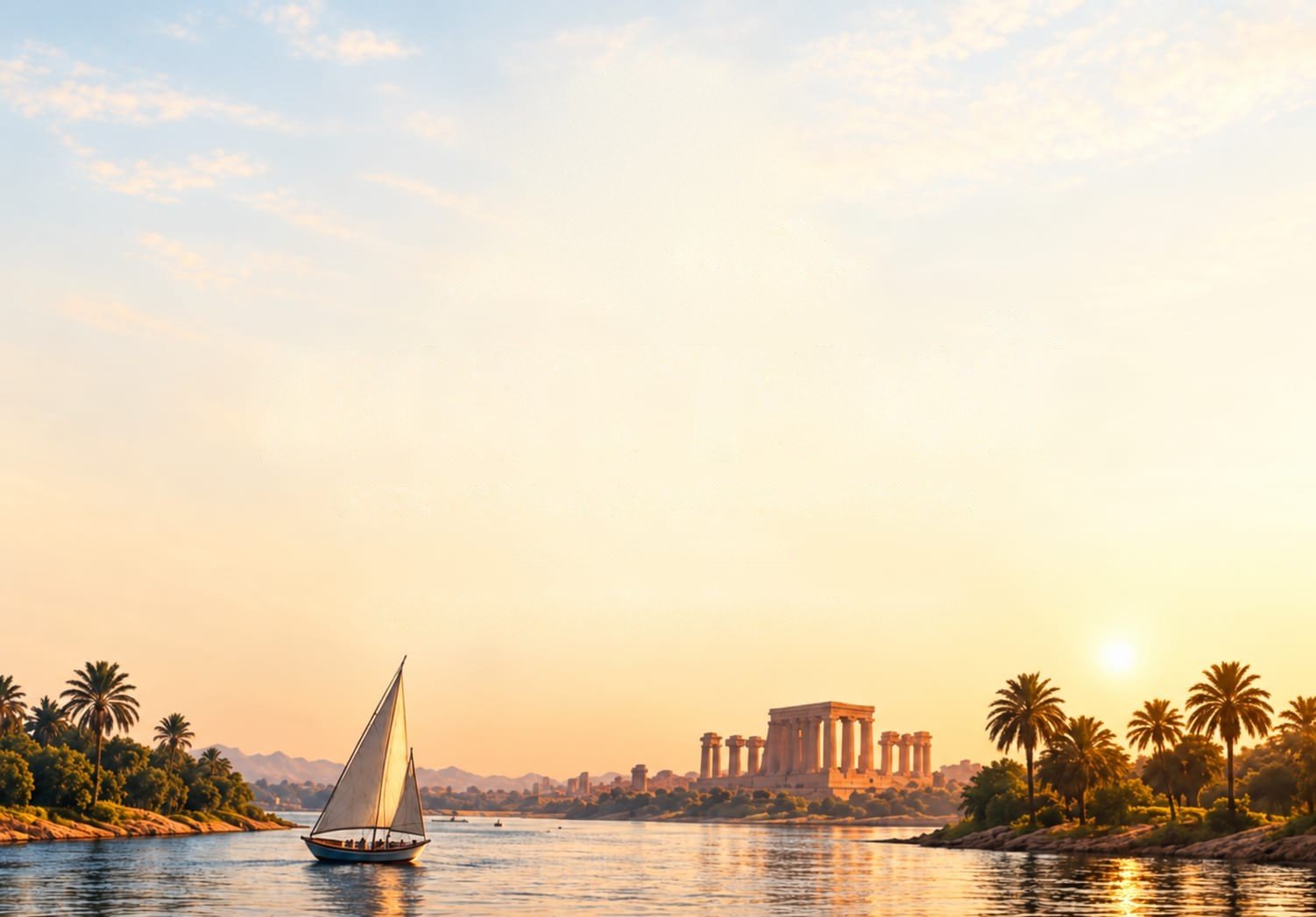 Una feluca che naviga sul Nilo al tramonto, con un antico tempio sulla riva opposta