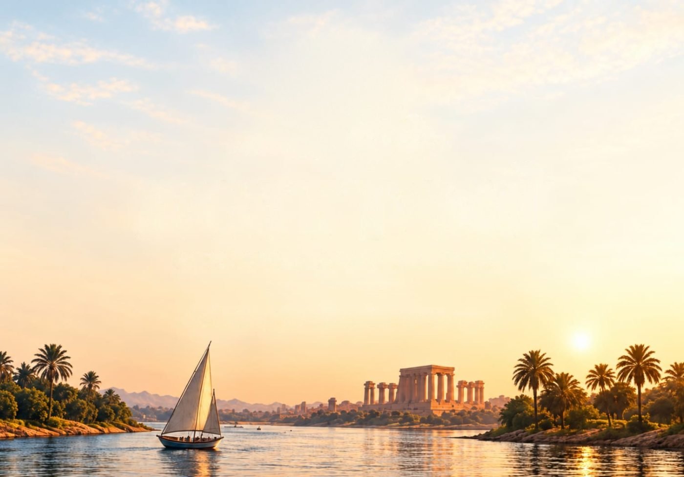 A felucca on the Nile at sunset, with a temple on the far bank