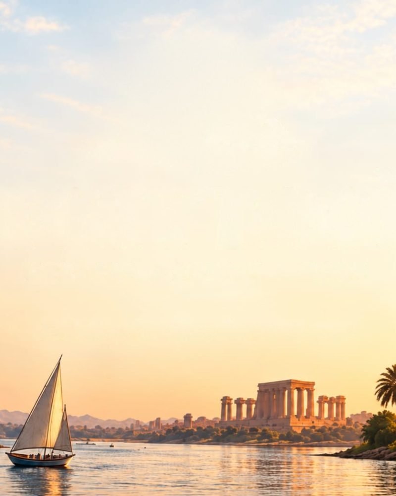 A felucca on the Nile at sunset, with a temple on the far bank